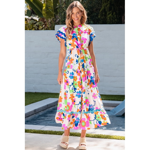 FOLUNSI Floral Maxi Dress: Chic Ricrac Sleeves, Elegance at Buttoned Charm