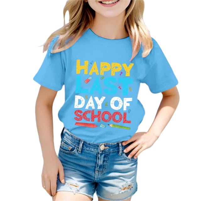 LUOGENLI T-Shirt pour Filles T-Shirt Imprimé à Col Rond à Manches Courtes pour Garçons et Filles Maxi Hauts Bleu Ciel 12-13 Ans