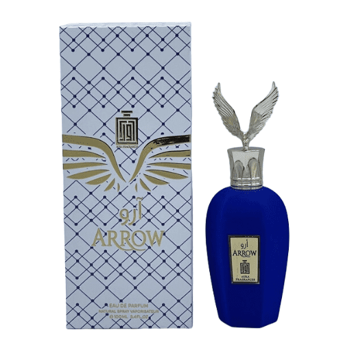Aura Fragrances Arrow EDP pour Lui / Elle 100 ml / 3.4 Fl.oz Bouteille de Parfum Unisexe au design Bleu Profond avec un cap Ailé Argenté, Exposée à Côté de Sa Boîte Blanche avec un Motif Géométrique et des accents Dorés.