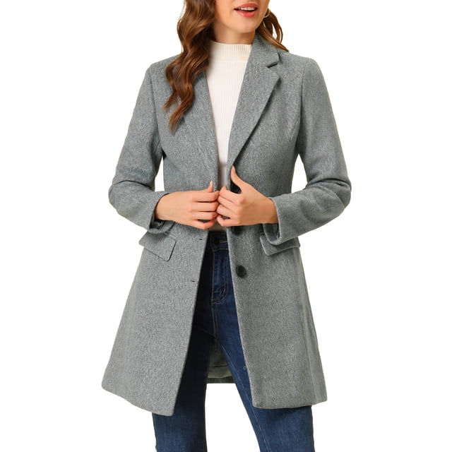 INSPIRE CHIC Women's Coat Solid Color Notched Lapel Single Breasted Winter Peacoat Light Grey S