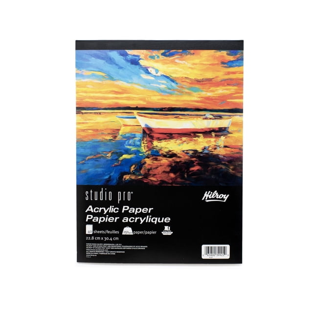 Hilroy Studio Pro® Acrylic Paper pad, 22.8 x 30.4 cm, 40 sheets of 250 gsm textured acrylic paper designed for acrylic painting and mixed media, featuring a colorful boat painting on the cover, ideal for artists and art supplies use.