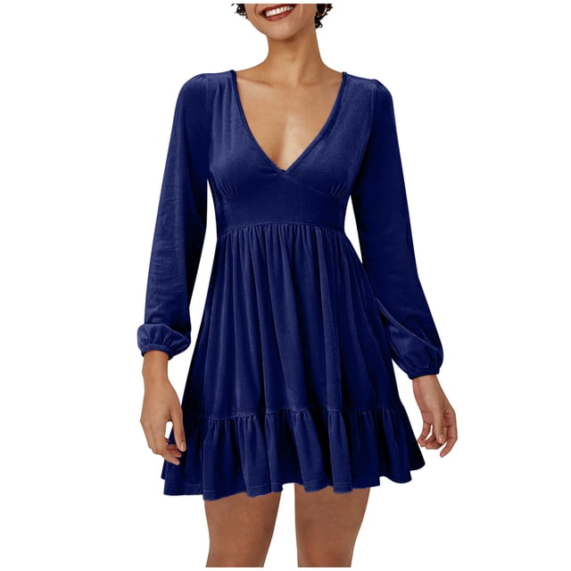 FcBaudy Robe à Manches Longues à Col en V, Robes d'Été pour Femmes, Robes pour Femmes Mode Robe Décontractée pour Femmes - Robe à Manches Longues à Col en V Longue Robe à Taille Longue Robe pour Femmes