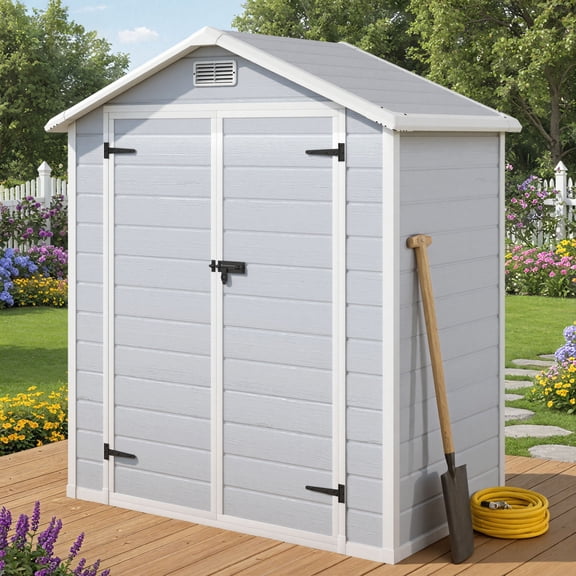 DEXTRUS Remise Extérieure en Résine 6,2 X 3,4 Pi avec Fenêtre et Extérieur Verrouillable, Rangement de Jardin et Mobilier de Patio Résistants aux Intempéries, Gris Pâle