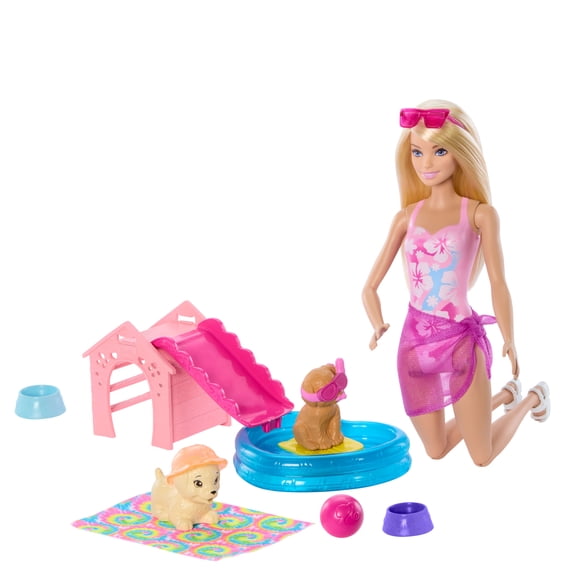 Barbie Puppy Pool Party Playset with Doll, Pool, Doghouse & Slide, 2 Pet Figures & 6 Accessories