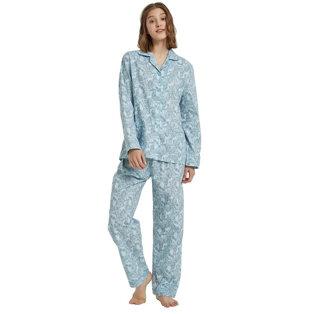 GLOBAL women's 100% cotton pajama set featuring a button-up long-sleeve top and matching drawstring pants in a light blue paisley pattern. Designed for comfort and available in sizes S-XXL.