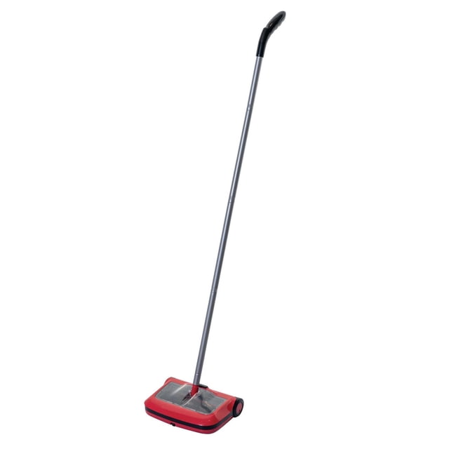 Ewbank 310 Hard Floor Sweeper with Microfibre Duster featuring a red base with clear dust container and black rubber blades, attached to a 120 cm silver metal handle with ergonomic black grip, designed for efficient sweeping and dusting on hard floors.