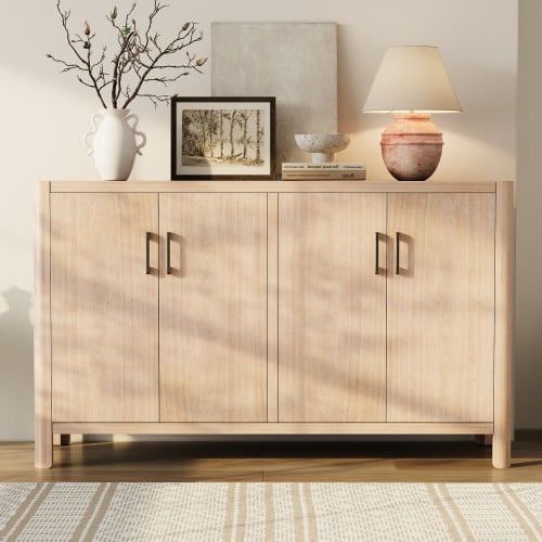Armoire de Rangement Style Ferme à 4 Portes, Buffet Console Rustique en Bois Naturel avec Charnières à Fermeture en Douceur, Meuble d'Entrée, Fini Naturel
