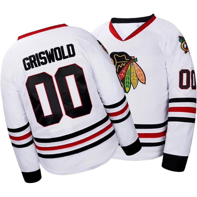 HSHDLDF Chandails de Hockey Griswold pour Hommes Femmes Vacances de Noël #00 P-3TG. Chandail de Hockey Blanc avec logo d'Équipe Brodé à l'Avant et « Griswold » avec Numéro de Joueur « 00 » au Dos. Fabriqué en Tissu Maillé Respirant et polyester durable, Idéal pour la Pratique du Hockey sur Glace, Vêtements de Sport d'Équipe Ou Tenue Décontractée Lors d'Événements Thématiques.