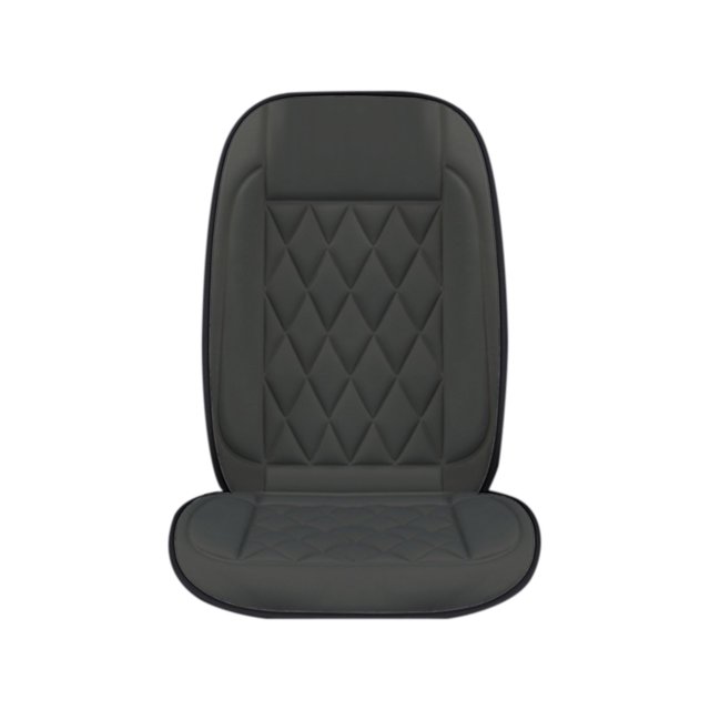Winter Car Seat Cover Car Heating Pad in grey, designed for universal use in cars and offices. Features a size of 125 x 50 cm, a single plug for 12V DC input, and a thermostat with three-level temperature control. Made of velvet and non-slip silicone base fabric, it provides instant warmth with an output temperature range of 35-60°C. Includes overheating protection and high/low temperature settings. Suitable for cars with on-board ignition and can also be used as a heating pad for camping or hiking.