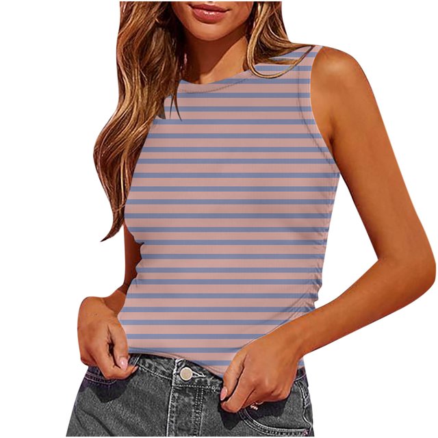 Dealovy Womens Tank Tops Summer Sleeveless Crew Neck Slim Fitted Striped Print Basic Tees Shirts