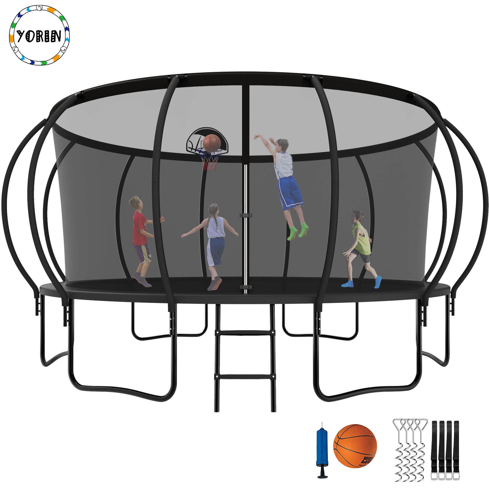 YORIN Trampoline pour 10 Enfants, Trampoline de 16 Pi pour Adultes avec Filet de Protection, Panier de Basketball, Échelle, Capacité de Poids de 1500 Lb, Trampoline Récréatif Extérieur, Trampoline Robuste