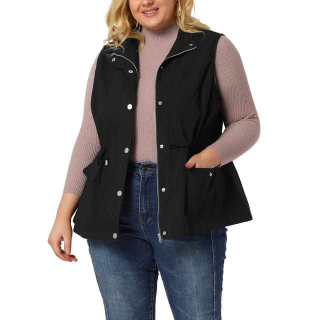 GRACE & GRANDEUR Women's Plus Size Cargo Pocket Drawstring Waist Vest Jacket in solid black, featuring a sleeveless design, turn-down collar, front zipper, snap buttons, and multiple cargo pockets. Lightweight cotton material with a drawstring waist for a customizable fit. Ideal plus-size outerwear for layering. Model is wearing size 1X.