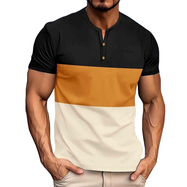 hopeusnice Men's Color Block Short Sleeve T-Shirt Henley Neck Slim Fit Tee Shirts Yellow XL