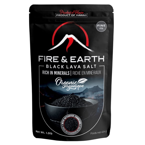 Fire & Earth - Sel Marin Hawaïen Biologique à Lave Noire - Sel Noir avec Charbon Activé 1,0 Lb - Grain Fin
