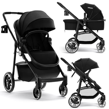 INFANS Poussette 2 en 1 pour Bébé, Poussette pour Nourrisson à Siège Haut et Landau Réversible, Poussette Pliable avec Auvent Ajustable, Porte-Gobelet, Panier de Rangement, Roues avec Suspension (Noir)