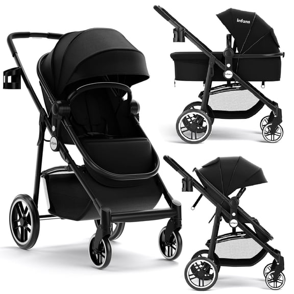INFANS Poussette 2 en 1 pour Bébé, Poussette pour Nourrisson à Siège Haut et Landau Réversible, Poussette Pliable avec Auvent Ajustable, Porte-Gobelet, Panier de Rangement, Roues avec Suspension (Noir)