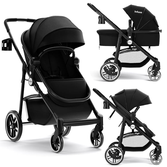 INFANS 2 in 1 Baby Stroller, High Landscape Infant Stroller and Reversible Bassinet Pram, Foldable Pushchair with Adjustable Canopy, Cup Holder, Storage Basket, Suspension Wheels (Black)