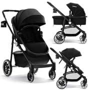 INFANS 2 in 1 Baby Stroller, High Landscape Infant Stroller and Reversible Bassinet Pram, Foldable Pushchair with Adjustable Canopy, Cup Holder, Storage Basket, Suspension Wheels (Black)