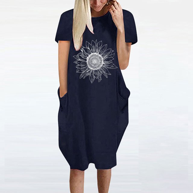 Jusqu'à 65 % de Rabais! Robes d'Été Mode pour Femmes 2024 Grande Taille Robe Décontractée Ample à Imprimé Tournesol Robe à Manches Courtes à Col en V