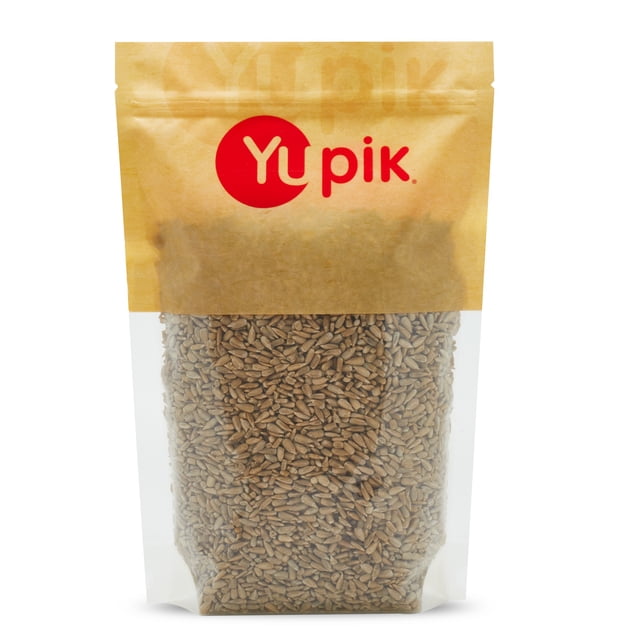Yupik Shelled Sunflower Seeds (Raw), 1kg, packaged in a resealable kraft paper and clear plastic bag. The bag displays the Yupik logo in red and white on the upper section, with visible raw sunflower seeds filling the transparent lower portion. These unsalted, unsweetened seeds are a good source of protein, fiber, and iron, ideal for snacking or adding to recipes. Certified kosher and suitable for long-term storage in a cool, dry place.