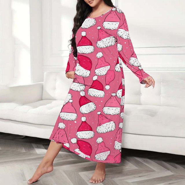 Kelon Nuisettes et Chemises de Nuit pour Femmes Liquidation Nuisette Femme Grande Taille Robe de Nuit Décontractée Robe de Nuit pour Femmes Grande Taille Mignonne Imprimé de Noël Manches Longues Col Rond Extensible Ample
