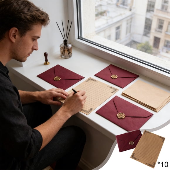 Qiopertar Ensemble de Papiers de Papeterie Vintage en Lin 10 Pcs, Papier d'Écriture Élégant avec Sceau en Cire Ligné Kraft, Papier à Lettres Fait à la Main pour Invitations de Mariage Cartes de Vœux