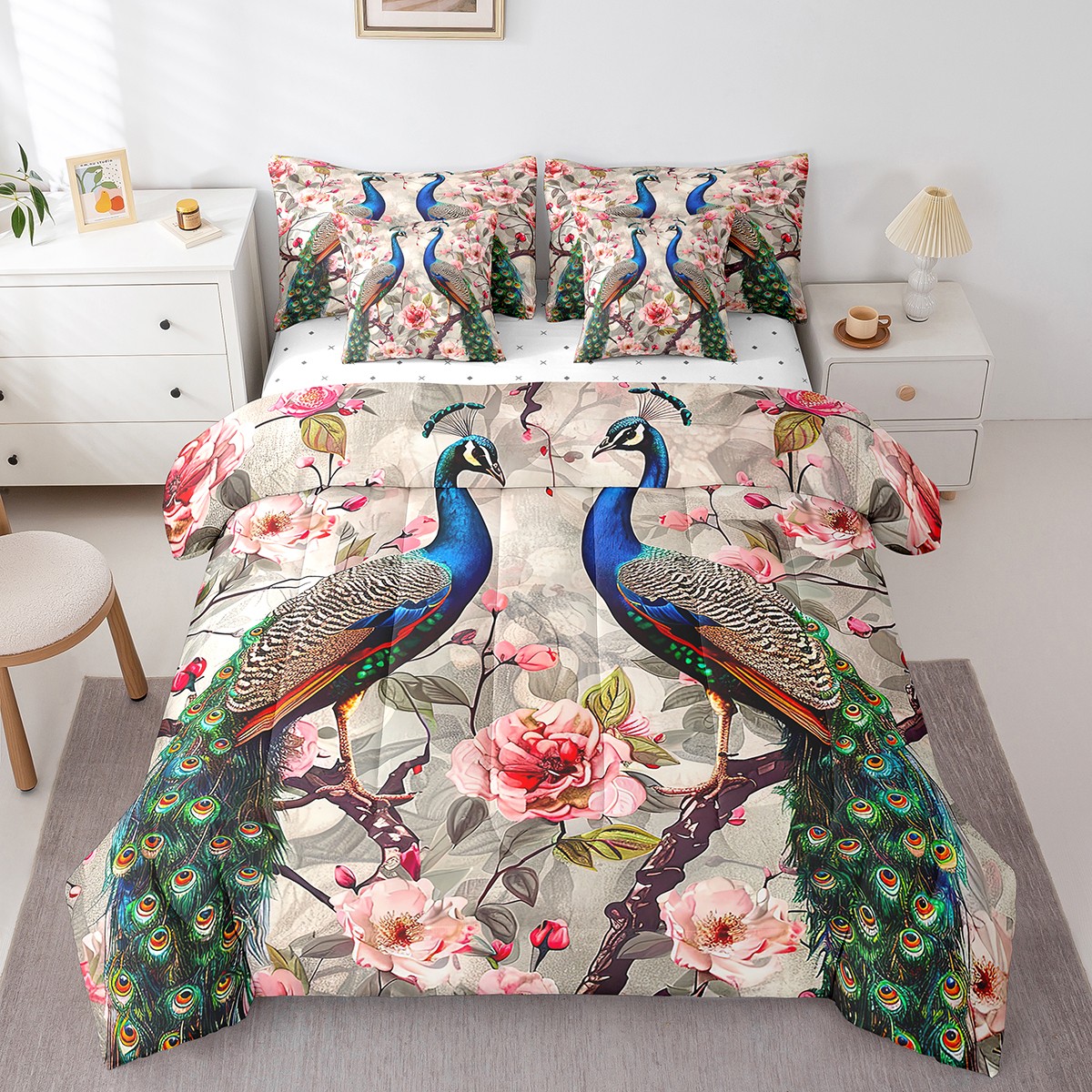YST Peacock Bed in a Bag, Exotic Peafowl Bedding Set, 7-Piece, Full