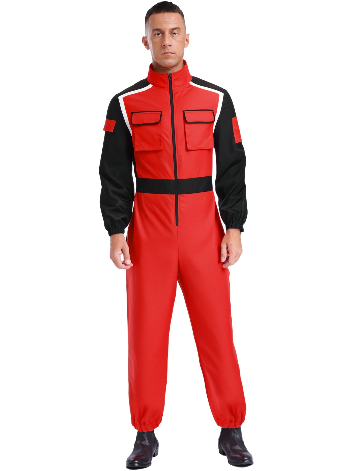 Oyolan Men Racer Jumpsuit Racing Car Driver Costume Long Sleeve Zipper Mechanic Coveralls with Pockets Red 3XL