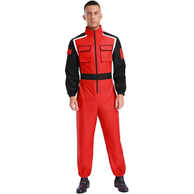 LiiYii Combinaison à Manches Longues pour Homme Combinaison avec Poches à Glissière Pompier Mécanicien Uniforme de Course Rouge TTG