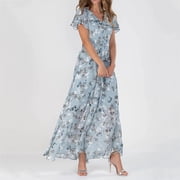 Trendy Women's Casual Dress Swing Style Chiffon Floral Ruffle Short Sleeve V Neck Waist Flowy Fashionable Dresses for Everyday Wear