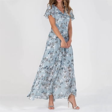 Robe Décontractée Tendance pour Femme Style Évasé Chiffon Floral à Volants Manches Courtes Col en V Taille Fluide Robes à la Mode pour le Quotidien