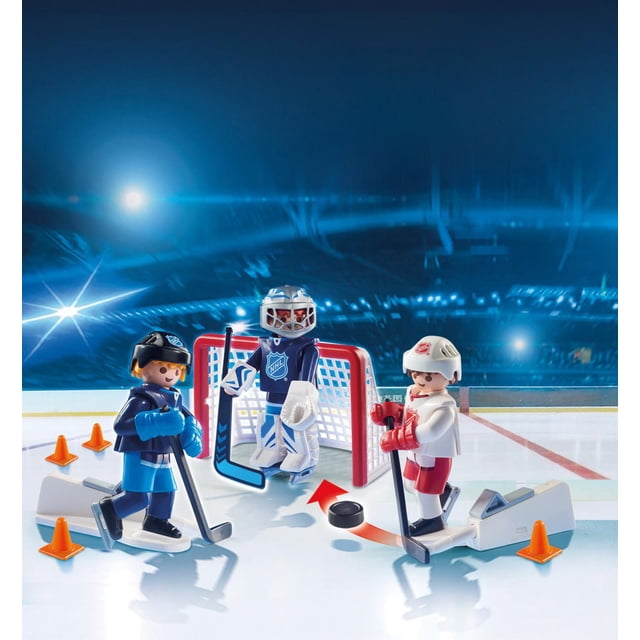 PLAYMOBIL LNH Coffret de Transport Shootout 9177 avec Trois Figurines de Joueurs de hockey Incluant un Gardien en Tenue Bleue Gardant un But Rouge, Deux Joueurs en Uniformes Bleu et Blanc/rouge Tenant des Bâtons de hockey, des Cônes orange et des Rondelles sur une Patinoire, Idéal pour le Jeu de Figurines d'Action et les Exercices d'Entraînement.