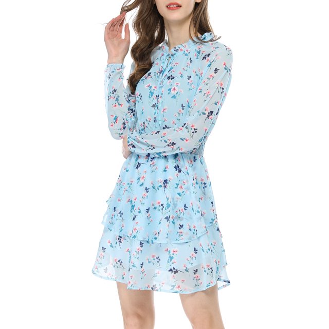INSPIRE CHIC Robe en Mousseline à Manches Longues pour Femme, Imprimé Floral, Taille Smockée, Col en V, S Bleu Pâle