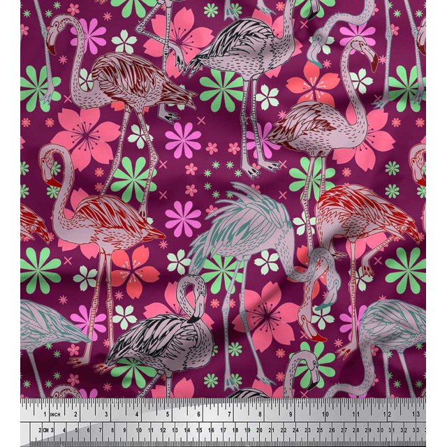 Soimoi Poly Georgette Fabric Floral & Flamingo Bird Decor Fabric Printed Yard 42 Inch Wide