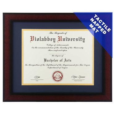 VIOLABBEY Cadre de Diplôme 11x14 avec Passe-Partout Double pour Documents et Certificats 8.5x11, Fini Grain de Bois Cerisier Lisse, Montage Mural et Présentation sur Table, Verre Trempé, Passe-Partout Bleu avec Rebord Doré