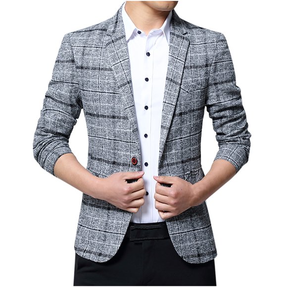 Penkiiy Blazer for Men Fine Check Woolen Men's Slim And Handsome Suit Top Gray Coats