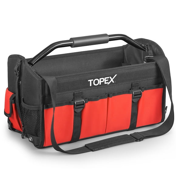 TOPEX 16 Inch Tool Bag, Multi‑Pocket Wide Mouth Tote, Foldable Hardware Organiser with Adjustable Shoulder Strap and Rotatable Steel Handle