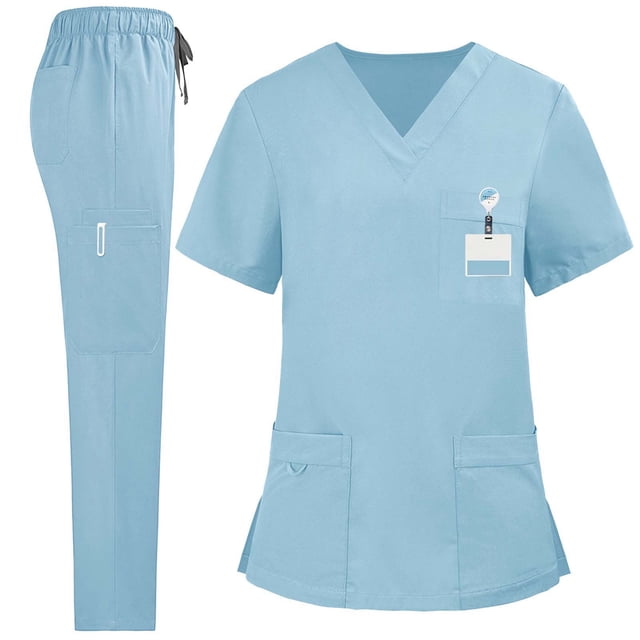 Women's Solid Color Loose Drawstring Pants Pocket Caregiver Short Sleeve V-Neck Top Nurse Uniform Set