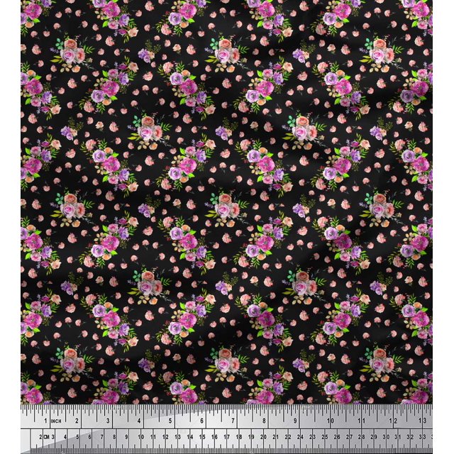 Soimoi Black Poly Georgette Fabric Rose & Floral Print Fabric By Yard 52 Inch Wide
