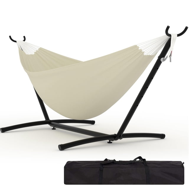 Hamac avec Support – Acier Réglable Robuste pour 2 Personnes – Capacité de 500 lb – Polyester Coton Portable – Sac de Transport Imperméable – Patio, Jardin, Camping et Balcon – Blanc Cassé
