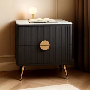 GStone Modern Nightstand with Sintered Stone Top – 2-Drawer Wooden Bedside Table with Metal Legs for Bedroom & Living Room (Dary Grey)