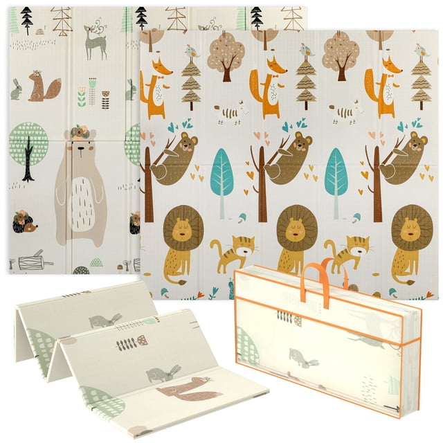 Qaba Baby Play Mat, Crawling Mat 77" x 69", featuring a double-sided animal theme with vibrant illustrations of lions, foxes, and bears. Made from high-density XPE material, it offers 0.6-inch thick padding for safety and comfort. The mat is waterproof, easy to clean, and folds compactly for storage or travel. Its anti-slip texture ensures stability, making it suitable for babies and toddlers aged 0.5 to 6 years. The mat covers a large 37 sq.ft. area, providing ample space for play and exploration.