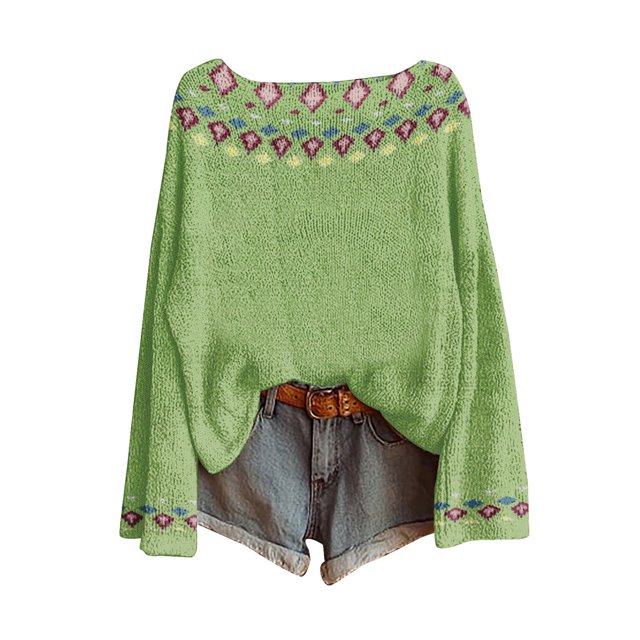 WTXUE Chandail Décontracté Léger Vintage Fair Isle pour Femmes, Manches Raglan, Col Rond, Tricoté, Imprimé Artistique, Chandails à Enfiler, Confortable et Chaud, Hauts d'Automne, Bohème Tendance, Western, Blouses de Bureau Décontractées, Vert, P
