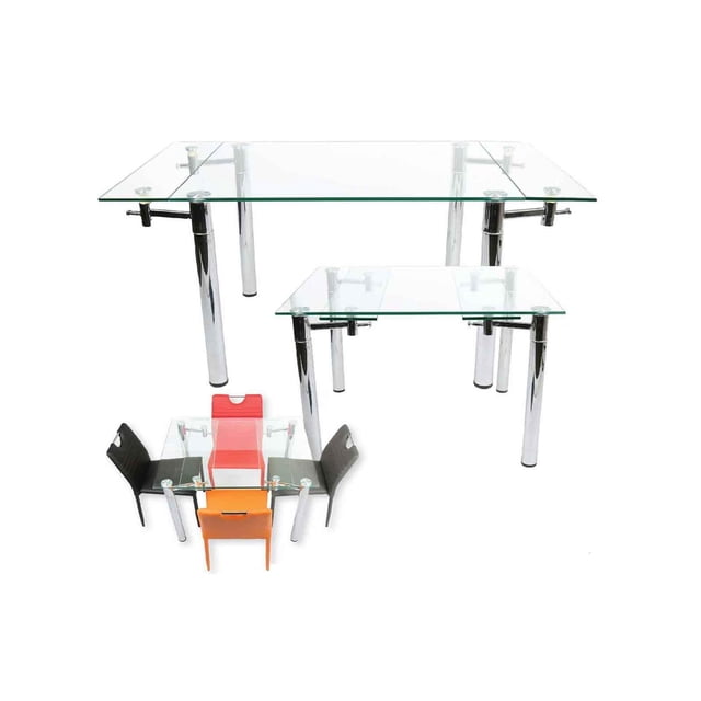 Canadian Table à Manger Extensible Tornado avec Dessus en Verre Trempé Transparent de 12 mm et Pattes Chromées Brillantes, Présentée sous des Formes Étendues et Compactes, Assortie à Quatre Chaises de Salle à Manger Modernes en Noir, Rouge et orange, Convient aux Cuisines et aux Espaces de Repas et Est Souvent Utilisée comme Espace de Travail Polyvalent.