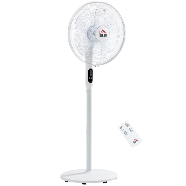 HOMCOM Height Adjustable Pedestal Fan Oscillating Standing Fan with Remote, a white electric fan made of ABS and PP materials. Features adjustable height, 85-degree oscillation, and 3-speed settings for personalized cooling. Includes a control panel and remote for managing timer, swing, and speed. Ideal for cooling bedrooms, living rooms, or offices.
