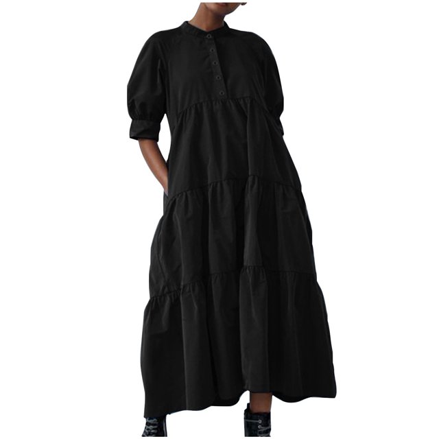 AherBiu Plus Size Maxi Dresses for Women Button up High Neck 1/2 Sleeve Ruched Ruffle Flowy Long Summer Dress