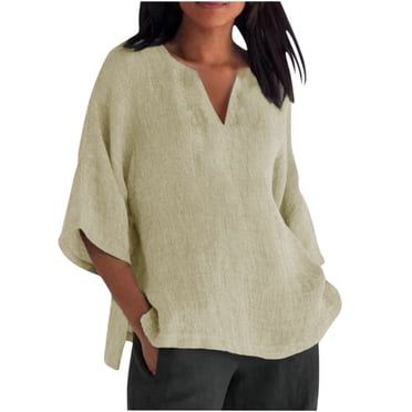 Timegard Tops for Women Notched V Neck 3/4 Sleeve Side Split Summer Casual Solid Color Loose Tops Tee