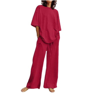Pisexur Women's 2 Piece Outfit Cotton Linen Set for Women Short Sleeve Pullover with Drawstring Long Pants Tracksuit Jogger Set Solid Color Trousers Casual Two-Piece Suit