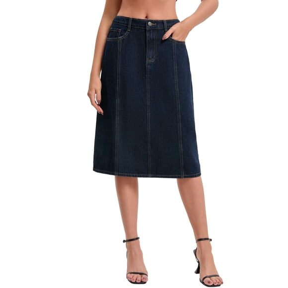 INSPIRE CHIC Women's Jean Skirts High Waist A Line Elastic Back Waist Casual Knee Length Denim Skirt L Black Blue