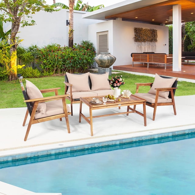 Patiojoy 4PCS Patio Rattan Furniture Set Wood Frame Cushioned Sofa with Coffee Table Sectional Conversation Sofa Set for Garden Brown